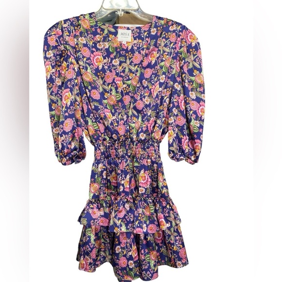 MISA Los Angeles Floral Ruffle Mini Dress Smocked Waist V-Neck Puff‎ Sleeve - Picture 3 of 7